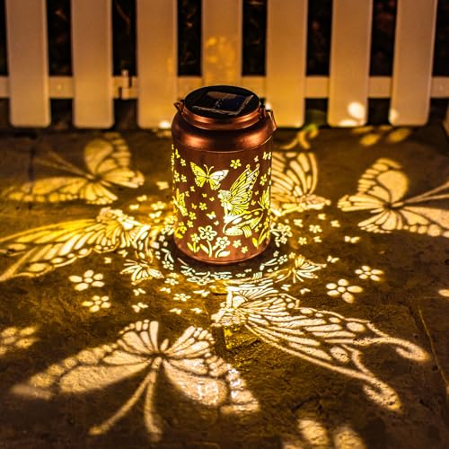 Faroles solares de hadas para exteriores, impermeables, colgantes, mariposas, faroles de metal decorativos, decoración de luz elegante para patio, paisaje, pasarela, festival como regalo para mamá,