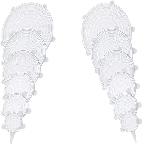 Juego de 12 tapas elásticas de silicona, 6 tamaños, fundas reutilizables para almacenamiento de alimentos, cubiertas de silicona para tazones,