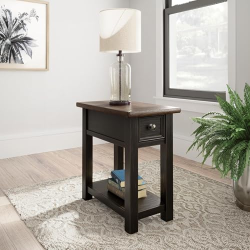 Image of Signature Design by Ashley Narrow Chairside End Table with Charging Station | Smooth-gliding remote drawer, Lower display shelf, Rustic 2-tone finish, Tyler Creek Series