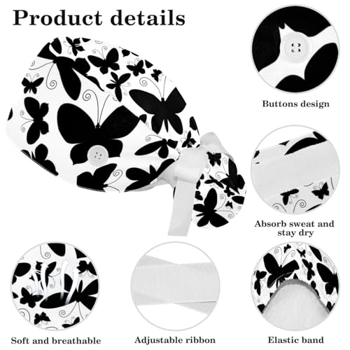 Image of Colored Butterflies Scrub Caps Women Ponytail, Adjustable Bouffant Surgical Caps with Button, Nurse Hats Long Hair