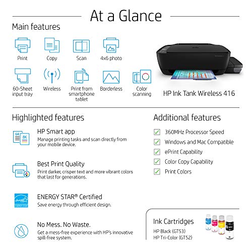 Image of HP Ink Tank Wireless 416 Printer, All-in-One, Print, Copy, Scan, Hi-Speed USB 2.0, Up to 8 /5 ppm (Black /Color), 60-Sheet Input Tray, 25-Sheet Output Tray, 1000-page Duty Cycle, Color