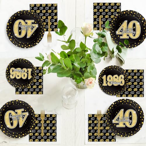 Image of 40th Theme Bithday Party Tableware Vintage 1986 Party Supplies 40 Year Old Birthday Decorations Plates Napkins Forks Black and Gold Dinnerware Favors for Men or Women
