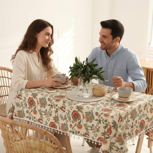 Image of RRC Microfiber Cotton Dining Table Cover 60 x 90 Inch for 6 Seater, Pack of 1 Rectangular Printed Table Cloth with Tassels, Washable Centre Table Cover, Durable & Fade Resistant