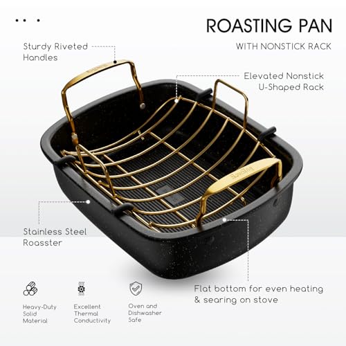 Nonstick Roasting Pan with Rack, 17" x 13" Large Turkey Roaster Pan, Oven Roasting Pan, Roaster Pan for Turkey, Chicken, Vegetable, Gold & Black by Slow Slog - Image 5