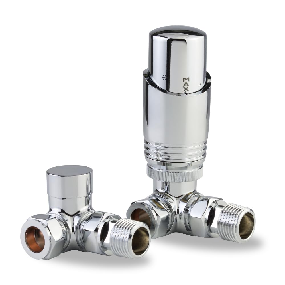 LavaTherm Thermostatic Radiator Valve TRV – 15 mm Corner – Energy Saving Central Heating Radiator Valve – Premium Brass Replacement TRV and Lockshield – Chrome