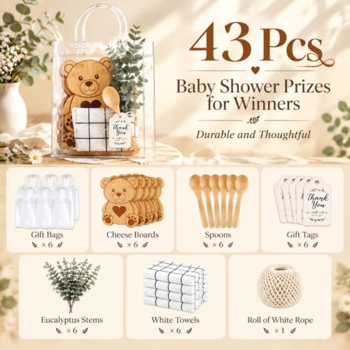 Teenyyou 6 Set Baby Shower Game Prize for Winner Guest, Bear | Bamboo Cheese Board Spoon Plaid Towel Artificial Eucalyptus Stem, Thank You Card Gift Bag, for Bridal Shower Wedding Favor