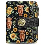 Kelvoris Highland Cow Cattle Sunflower Small Rfid Women Wallet Bifold Zipper Coin Pocket PU Leather Compact Cash Credit Card Holder Travel Wallet for Female Ladies Teen Girls 1 ID Window 10 Card Slots