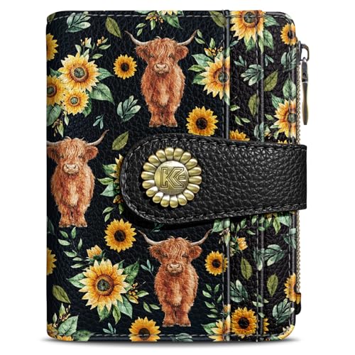 Kelvoris Highland Cow Sunflower Small Rfid Women Wallet Zipper Coin Pocket