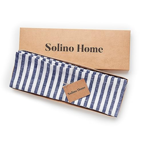 Image of Solino Home 100% Linen Placemats, 14 x 19 in, Navy, Amalfi Stripe, Set of 4