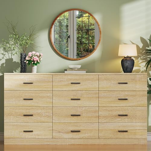 Image of 60 Inch 12 Drawer Dresser for Bedroom, Long Mid Century Modern Dressers, Wood Vintage Chests of Drawers TV Stand up to 65 inch, Large Storage Organizer for Bedroom, Closet, Entryway, Natural