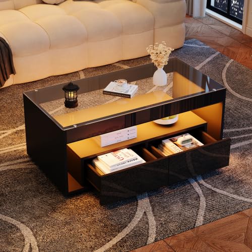 Merax Mesa de centro LED – Mesa de salón moderna con 16 colores y 4 modos, diseño brillante, almacenamiento de cristal templado, mesa de té, mesa de café, mesa auxiliar