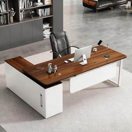 社長デスク L字デスク 社長机 役員 パソコン オフィス 法人様向け エグゼクティブ 閉じた収納キャビネット付き 、左右切替サイドキャビネット、事務机 書斎 ダークウォールナット2 180×80×75 cm