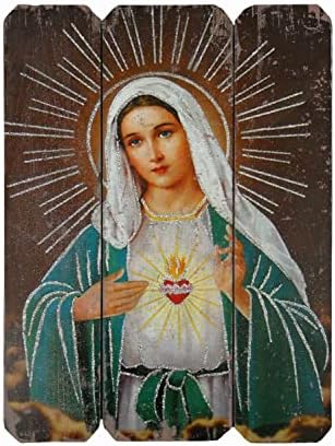 Flooreal Sacred Heart of Mary Picture Painting for Wall Wood Print Art 16inch Vintage Courageous Plaque Religious Home Decor Christian Artwork 1pc
