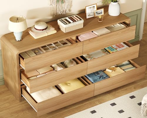 Image of TEENFON 55 inch Dresser for Bedroom with 6 Drawers, Dressers & Chests of Drawers with Curved Profile Design, 6 Drawer Dresser, Bedroom Dressers, Wood Dressers for Bedroom, Hallway, Natural