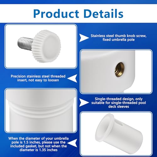 FANOVO Pool Umbrella Sleeve Stabilizer-Fits 1.5" & 1.35" Umbrella Poles, Single-Threaded Baja Deck Pool Sleeves Insert, Anti-Tilt Anti-Spin Design to Reduce Moving & Hold Umbrella in Place, White - Thumbnail 4