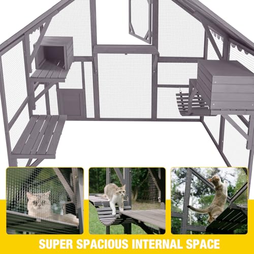 Image of Catio Outdoor Cat Enclosure Large Cat Houses for 5-6 Cats,Kitty House with Resting Box,Bridges,Walks,Waterproof Tarp Roof, 69.8 inch L x 55.1 inch W x 69.8 inch H