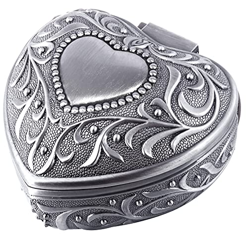 INFINIONLY Boîte à Bijoux pour Femme, boîte à Bijoux en Alliage d'étain, boîte à Bijoux Coeur Vintage en métal, Fleurs sculptées, boîte de Rangement de Bijoux Coeur, Artisanat, Argent Vintage Cover