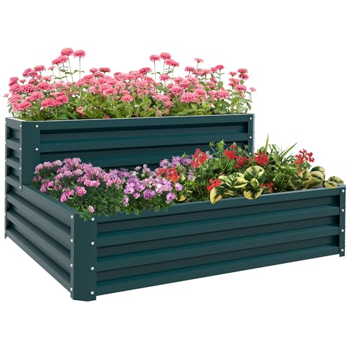 Outsunny Huerto cuadrado de acero galvanizado elevado cama de jardín abierto de fondo 2 niveles para hierbas verduras frutas flores 120 x 101 x 58 cm verde