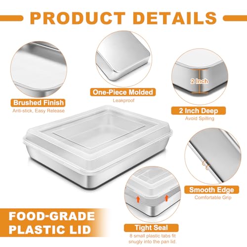 Blingco Stainless Steel Baking Pan with Lid, 12⅓ x 9¾ x 2 Inch Deep Rectangle Cake Pans with Cover for Cakes, Brownies, Cookies, Deep Side & Heavy Duty,Dishwasher & Fridge & Oven Safe(2 Pans + 2 Lids) by Blingco - Image 3