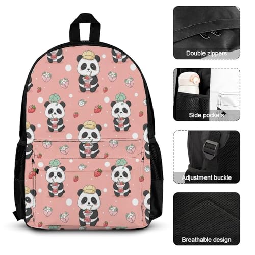 AMRANDOM Backpacks for Unisex Bookbags Lightweight Cute Pink Strawberry Panda Backpack Set with Lunch Bag Makeup Bags3
