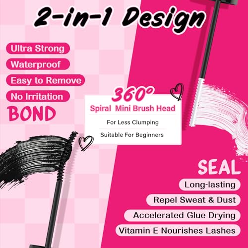PRO Lash Bond and Seal Lash Glue Waterproof Eyelash Glue for Cluster Lashes Strong Hold 72Hours DIY Lash Extension Glue (5ml+5ml, Black Bond & Clear Seal)