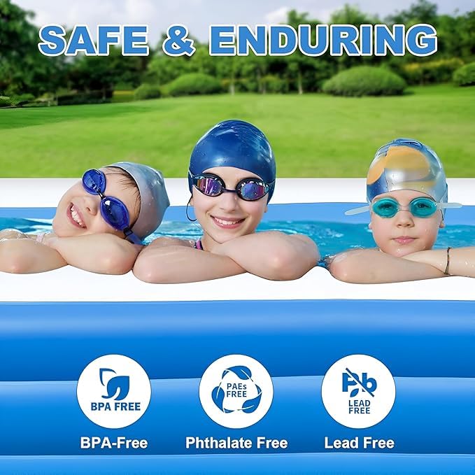 Image of Rectangular Inflatable Swimming Pool for Kids with Electric Pump, Duck Family Toy & Beach Ball, 3 Ring Striped Design, Outdoor Summer Water Party Bath tub,Blue (210 x 150 x 60 cm, 7 Feet)