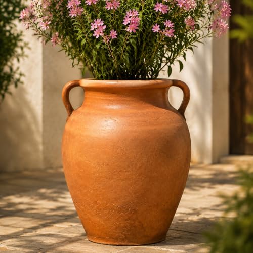 Awelumu 20 Inch Tall Large Outdoor Planter, Vintage Rustic Urn Flower Pot with Handles, Sturdy Terracotta Look Floor Planter for Patio, Front Porch, Garden and Indoor Decor (19.7" H)