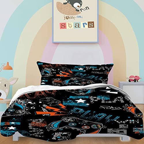 YUANZU Video Game Bedding Set Double for Kids Boys Teens Duvet Cover Set 3 Pieces Gamepad Graffiti Gamer Joystick Printed Soft Microfiber Quilt Cover with Zipper Closure (200 x 200 cm & 2Pillowcase)