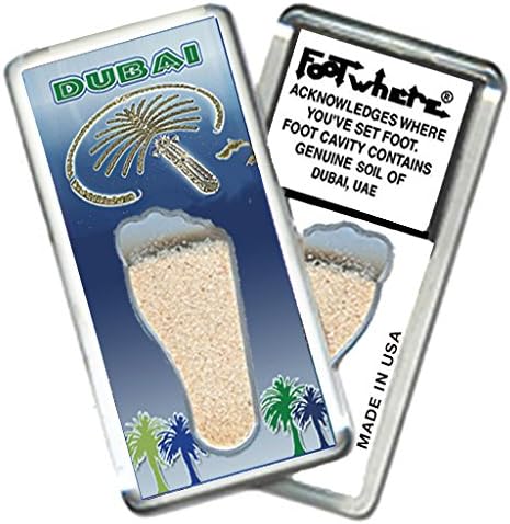 Dubai "FootWhere" Magnet (DU205 - Palm Island) Authentic Destination Souvenir acknowledging Where You've Set Foot. Genuine Soil of Featured Location encased Inside Foot Cavity. Made in USA.