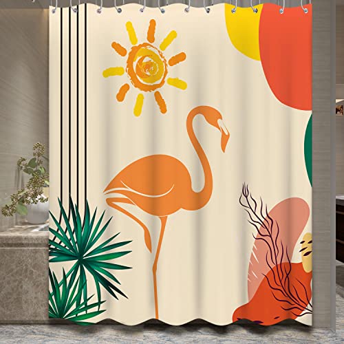 Grace Gorgeous Abstract Flamingo Bird Mid Century Shower Curtain Boho Impressionistic Sun Beige Modern Bath Curtain Decoration Set With 12 Hooks Washable Polyester Fabric 72"X72", Beige #TOP6