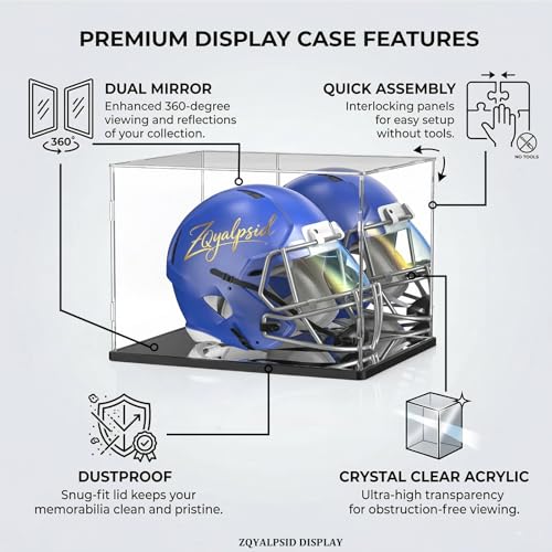 Image of Football Helmet Display Case, Clear Acrylic Display Box for Full Size Football & Baseball Helmets, Mirrored Back & Bottom, Black Base, Dust-Resistant Showcase, 14.9 inch x 11.8 inch x 11.8 inch