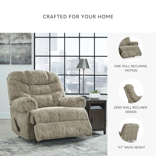 Image of Signature Design by Ashley Recliner, Oversized Taupe, Movie Man | Plush polyester velvet upholstery, Space-saving wall hugger needs 3 in of room, Extra-wide seating for big & tall comfort