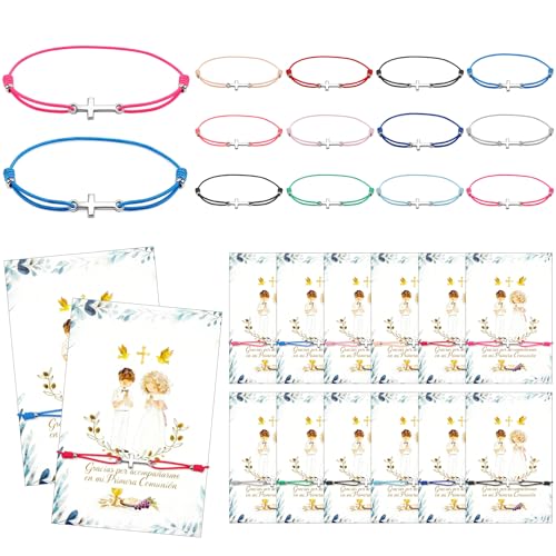 Leikedun Memórias de comunhão para convidados, 12 cartões de agradecimento com pulseiras de cruz - detalhes de primeira comunhão, presentes para menina e criança, festa de comunhão
