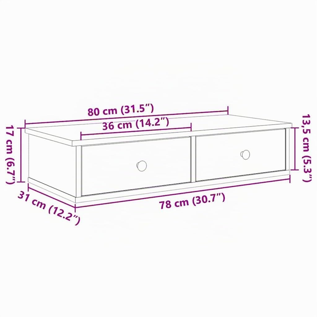 Estante de Pared con Cajones, Tocador Flotante, Madera Roble Artesano, Diseño Flotante Multiusos, Almacenamiento Organizado, Soporte 60 kg, para Dormitorio, Salón, Oficina, 80x31x17 cm