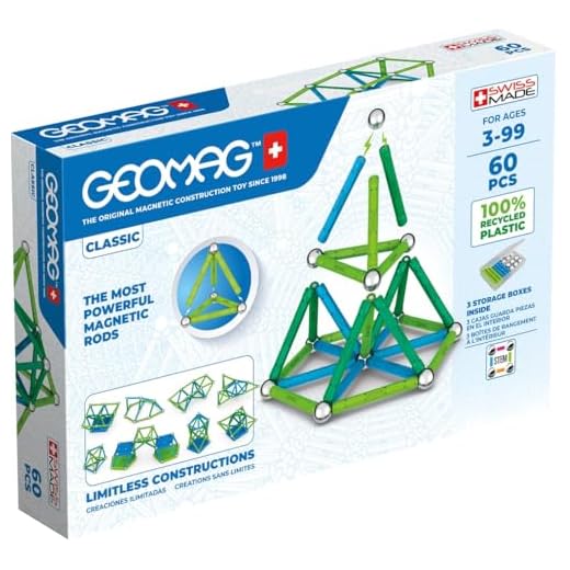 Geomag Classic - 60 Teile - Magnetisches Konstruktionsspielzeug für Kinder - Green Line - Lernspiel aus 100% Recyclingkunststoff
