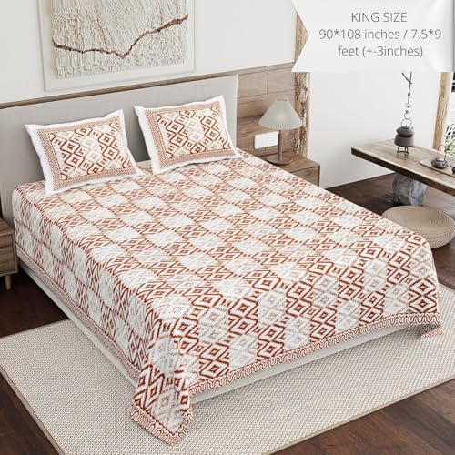 Image of Living Roots Ethnic Jaipur Block Print Double Cotton Bedsheet & 2 Pillow Covers, for Mattress Upto 6 inches Thick, No Colour Bleeding, Rust Orange Colour, King Size 90 * 108 inches, 120TC (610-A)