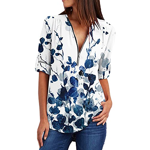OutTop01 Women's V Neck Chiffon Blouse Shirts Half Zip-up Casual Butterfly Tshirt Tops Pleated Roll-up Sleeve Tunic Shirts (#04-White, M)