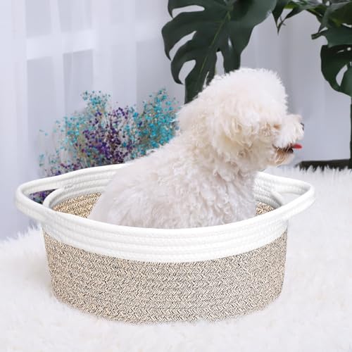 Image of ABenkle Small Basket with Handles, Boho Decorative Rope Woven Dog Cat Toy Storage Bin Shelf Storage Organizer, Easter Christmas Gift Basket, 12 inchx8 inchx5 inch, Mixed Brown