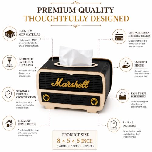 Image of Wooden Tissue Box Holder with Premium Decorative Design, Elegant Tabletop Tissue Case for Home, Office, Living Room & Bedroom, Sturdy MDF Wood Tissue Cover, 8 x 5 x 5 Inch