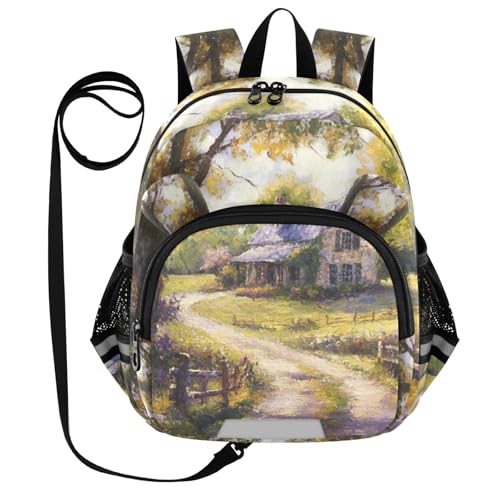 Cottage Winding Road Yellow Toddler Harness Backpack for Boys Girls 3-6 Years Kids Backpack with Anti Lost Safety Leash Baby Travel Bag for Travel Walking Preschool