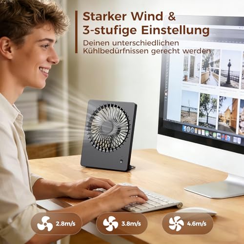 TriPole Tischventilator Leise, 2000mAh Ladefähige USB Ventilatoren Ausführen Bis zu 4-16 Std, 3 Geschwindigkeiten Tragbarer Akkulüfter-30dB, 180°Einstellbar, für Büro, Bibliothek, Reise-Schwarz 2