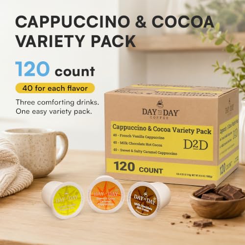 Image of Day To Day Coffee Cappuccino, Hot Cocoa Variety Pack, 120 Count Single Serve Pods, French Vanilla Cappuccino, Milk Chocolate Hot Cocoa and Sweet Salty Caramel Cappuccino, Compatible with Keurig K-Cup Brewers, Family Friendly