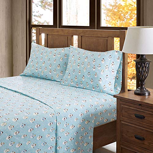 Image of Sleep Philosophy True North Cozy Flannel Warm 100% Cotton Sheet - Novelty Print Animals Stars Cute Ultra Soft Cold Weather Bedding Set, Queen, Blue Snowmen 4 Piece