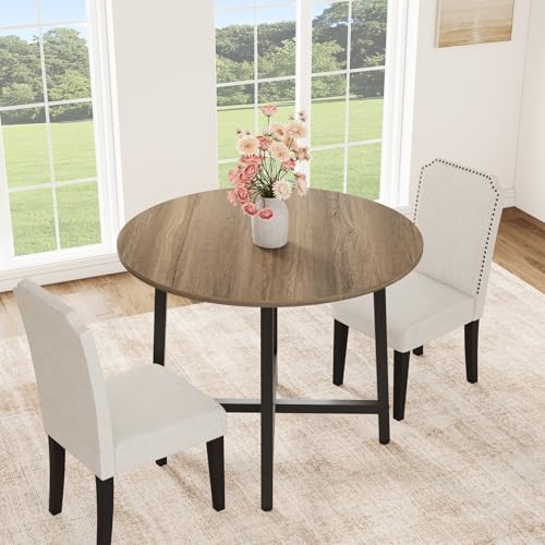 Image of Garvee Small Dining Table Set for 2, 31.5 in Farmhouse Round Kitchen Table with No-Wobble Adjustable Leveling Feet, 2 Upholstered Padded Chairs, 3-Piece Dinette Set for Small Spaces, Natural Wood