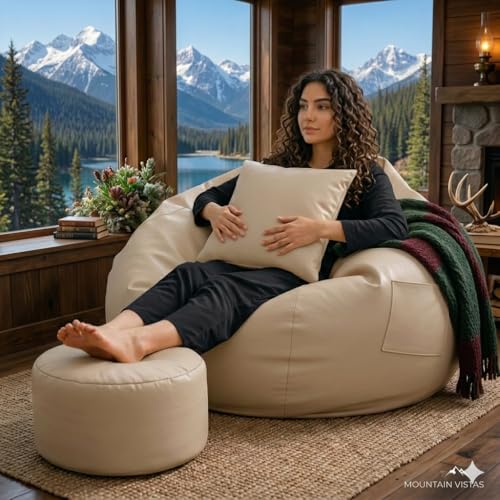 Image of IVIKA Bean Bag with Stool & Cushion | XXXXXL Size Premium Leatherette Bean Bag for Gaming, Living Room & Bedroom (5XL - Beige)