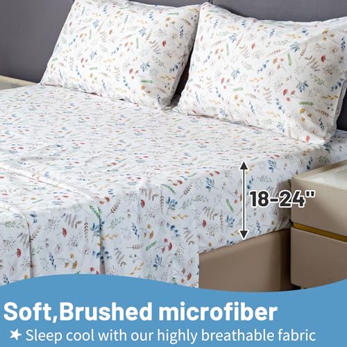 Bedlifes King Size Extra Deep Pocket Sheet Sets - Fits Mattresses Up to 18-24" Thick, 4-Piece Microfiber Set with 1800 Thread Count, Soft, Smooth, Breathable, Featuring White Floral