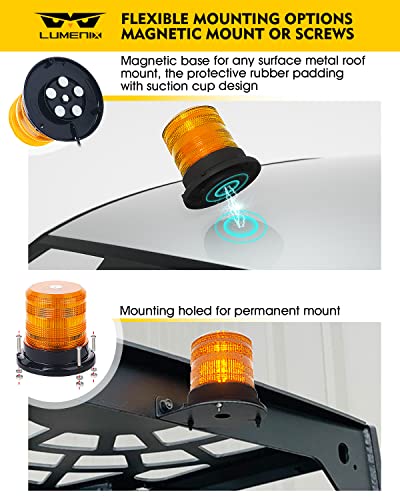 LUMENIX 60 LED Mini Beacon Strobe Lights Forklift Rooftop Rotating Warning Flashing Light Magnetic/Screw Mount for Towing Construction Vehicles Work Trucks Postal Mail Snow Plows School Buses - Amber