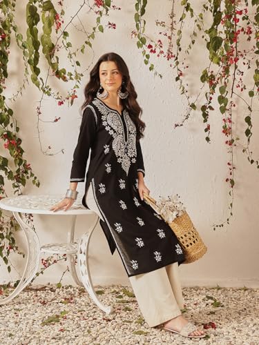 Image of Ada Hand Embroidered Lucknowi Chikankari Cotton Kurta Kurti for Women A411191