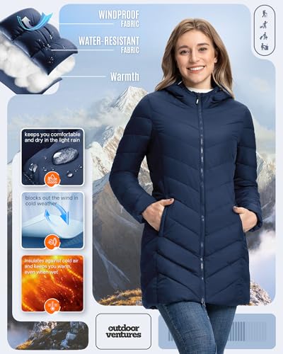 Outdoor Ventures Damen Wintermantel Langer Warmer Steppmantel Leicht Parka Wasserdicht Winterjacke mit Kapuze Funktionsjacke Übergangsjacke Schwarzblau XL