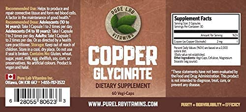 Pure Lab Vitamins Copper Glycinate Mineral Supplement -1 Mg - 60 Vegan Caps - Essential For Collagen Production, Supports Immune System & Red Blood Cell Formation - Non Gmo, Gluten Free #TOP4
